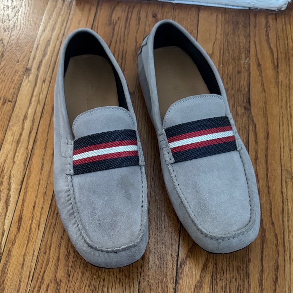 Emporio Armani Suede Loafers with Red and Black Stripes